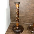 Antique Oak Barley Twist 12  Candlesticks With Brass Candle Cups   Bdt 17