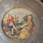 Vintage Spun Aluminum Metal Musical Powder Puff Trinket Box Courting Scene