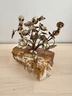 Rare Vintage Mcm Brutalist Gold Metal Flowers   Leaves Sculpture Stone Rock Base