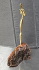 Vtg Modernist Brutalist Abstract Figure Brass  Sculpture On Base Of Natural Wood