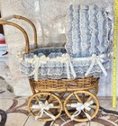 Vintage 1970s Wicker Doll Carriage Blue Lace Canopy Pram Victorian Style 32 