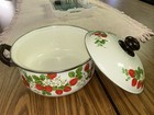 Vintage White Enamel Strawberry 4 Qt Dutch Oven Stock Pot W Lid Farmhousehandles