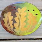 Vintage Enamel On Copper Bowl Artist Signed Hillary Pin Oak Leaves Some Crazing 