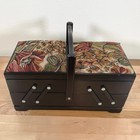 Vintage Cherry Wood Accordion Sewing Box Floral Tapestry Storage Organizer