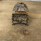 Vintage Ornate Metal Jewelry Trinket Box Footed Casket Roses Scrollwork Bronze