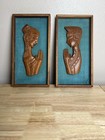 Vintage Hand Carved Wood Praying Couple Wall Art Set Teal Fabric Mcm Decor