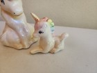 Vtg Glazed Ceramic Unicorn W Baby Pony Figurine Rainbow Hair 5    3  Tall