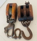 Antique Vintage Large Double Block   Tackle Pulleys With Hook Wood And Cast Iron