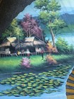 X-large Hand Painted Asian Fan Wall Art Beautiful Village On Water 60  X 35 