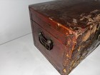 Antique Chinese Wooden Storage Chest Red   Gold Scenic Design W  Brass Hardware