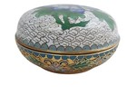 Vtg Cloisonn   Trinket Jewelry Box Blue Red Floral Design Enameled Brass Round