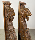 French Antique Oak Wood Fireplace Mantel Pillars With Lions