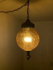 Vintage Mid Century Modern Amber Crackled Textured Glass Hanging Swag Lamp Mcm