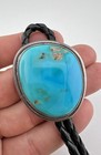 Vintage Navajo Sterling Silver High Grade Blue Gem Turquoise Stamped Bolo Tie