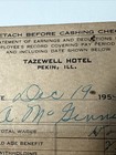 1953 Tazewell Hotel Pekin Illinois Check Stub Travel Vintage