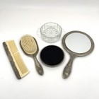 Vintage 4 Piece Silver Plated Vanity Set   Mirror Hand Brush Comb   Jewelry Box
