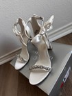 Oleg Cassini Ivory Satin Strappy High Heel Bridal Shoes With Bow And Rhinestone 