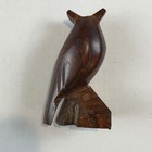 Hand Carved Wooden Owl Figurine Dark Brown Wood Grain Rustic Woodland Decor