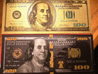 Lot Of 5   Gold Foil  100 Dollar Bill        1 Black  100 Bill   3 Fun Money  100