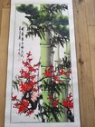 Vtg Chinese Import Calligraphy Hand Painting Hanging Scroll Floral Bamboo 55   