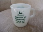  2  Vtg Milk Glass Mugs John Deere Advertising Iowa Dealership Coffee Cup 1990s