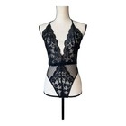 In Bloom By Jonquil Black Lace Plunge Neck Lace Thong Teddy Size S