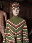 Vintage 70s Handmade Knit Cape   Beanie Set Poncho Hat Striped Fringe Mock Neck