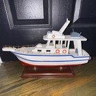 Rare Wooden Boat Model W  Stand  Pre-built Painted Nautical Decor White Blue Red