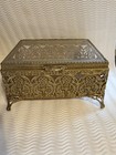 Jewelry Box Gold Trinket Filigree Beveled Glass Ormolu Velvet Vintage 6 5   casket