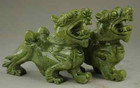 Exquisite Chinese Hand Carved Natural Green Jade Dragon Pixiu Beast Statue Pair