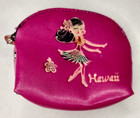 Vintage Hawaii Leather Coin Purse Pink Hula Dancer Flowers Jewelled Pull