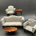 5 Vtg Miniature Dollhouse Furniture Living Room Upholstered Couch Chairs Tables