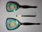 Vtg Mid Century Gold Tone brass Tone  3 Piece Vanity Set Floral Enamel