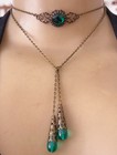 Vintage Necklace Art Nouveau Green Cabochon Pendant Czech Glass Lariat