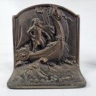 Vtg Nordic Bookends Bronzed Cast Metal Viking Warrior Rustic European Heavy Set