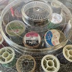 Vintage Sewing Thread Lot Plastic Storage Boxes Glitter Wooden Spool Tidee Maid