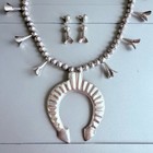 Antique Navajo Sterling Silver Hand Made Squash Blossom Bead Necklace   Earrings