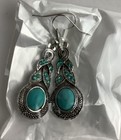 Boho Vintage Style Turquoise Dangle Rhinestones Earrings Silver Tone Crystal Acc