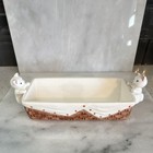 Ceramic Relish Dish  Cat Handles  Basketweave  White brown 8x3x3 