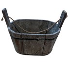 Antique Primitive Wood Bucket Decorative Twine Handle Metal Bands Vintage