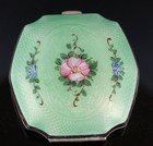 Vintage Marathon Green Guilloche Enamel Rose Floral Powder Compact 1930 s Pretty