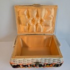 Vintage 1970s Wicker Sewing Basket Orange   Brown Floral Pattern Orange Lining