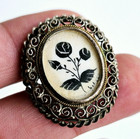 Antique 800 Sterling Silver Filigree Brooch Pendant Black Rose