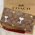 Coach X Peanuts Long Zip Around Wallet Snoopy Woodstock Khaki Signature F s