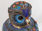 Antique Chinese Silver Filigree Enamel Owl Tea Caddy Jar Jeweled Coral Turquoise