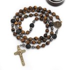 Brown Tiger Eye Rosary For Men With Lava Beads  St  Benedict   Cross Necklace