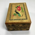Vintage Japanese Inlaid Wood Puzzle Box Two Sided Bird Village