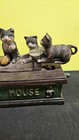 Vintage Cat And Mouse Cast Iron Mechanical Coin Bank Spring Loaded Works Great 