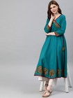 Indian Women Cotton Teal Blue Solid A-line Kurta Kurti New Long New Dress