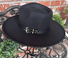 Fedora Style Wide Brim Hat  Black W black Lthr Dbl Belt Gold Buckle Band  New Wt